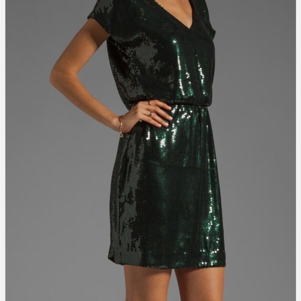 Trina Turk, size 8, goldfinger blouson dark green sequined dress - Picture 4 of 9